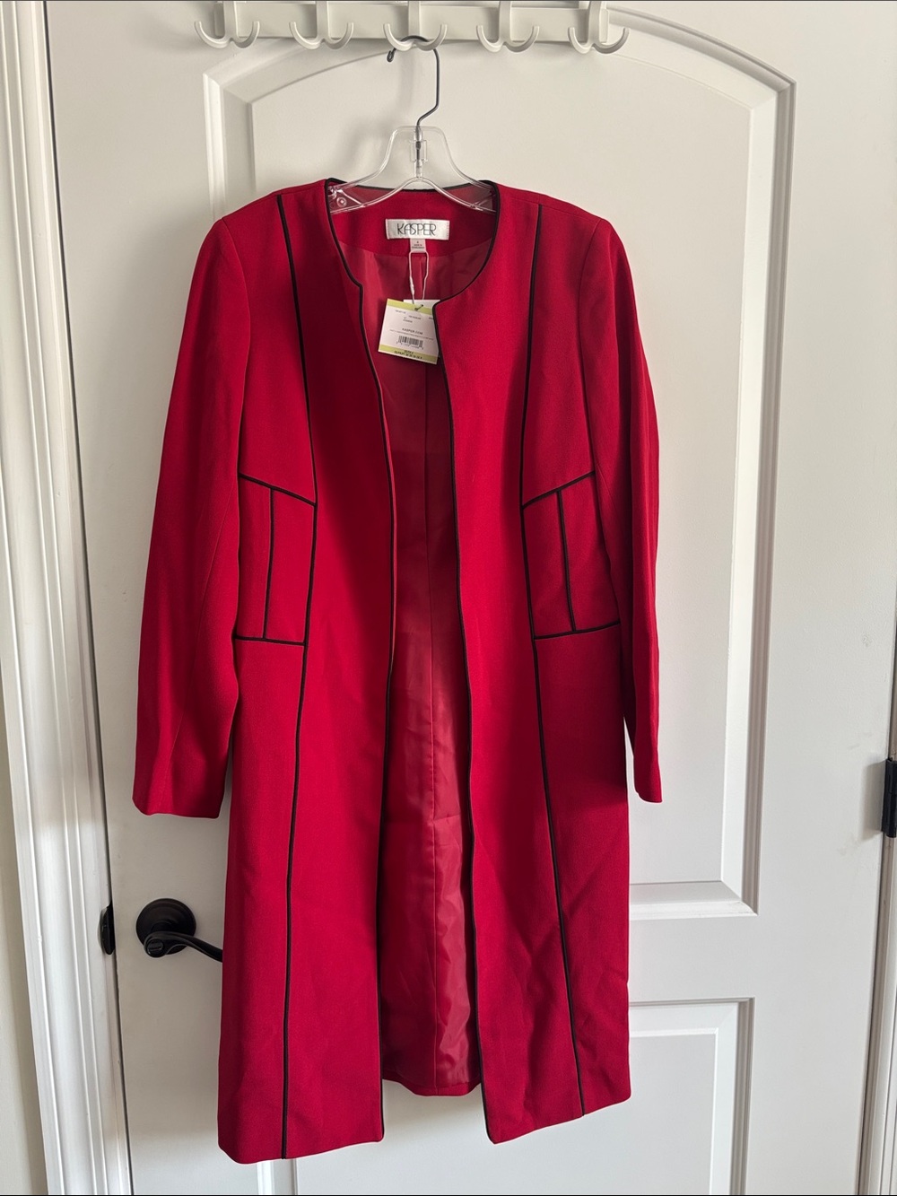 Kasper Fire Red Stretch Crepe Longline Open Front Jacket Black Piping Size 4
